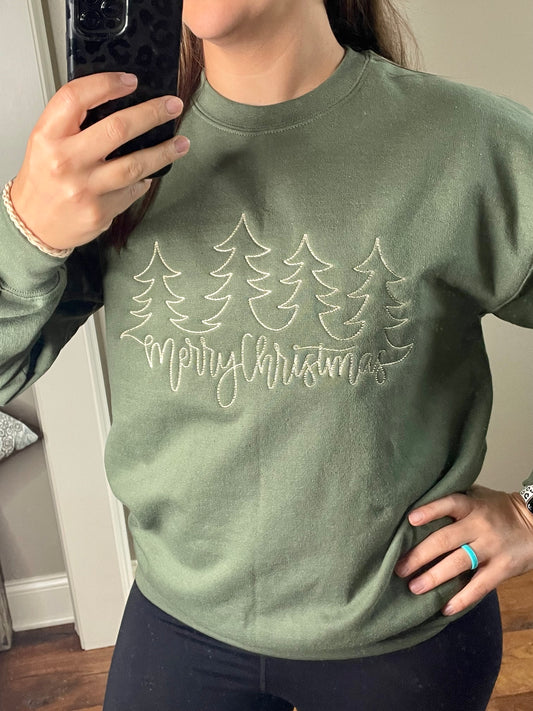 Merry Christmas Trees Embroidered Crewneck Sweatshirt