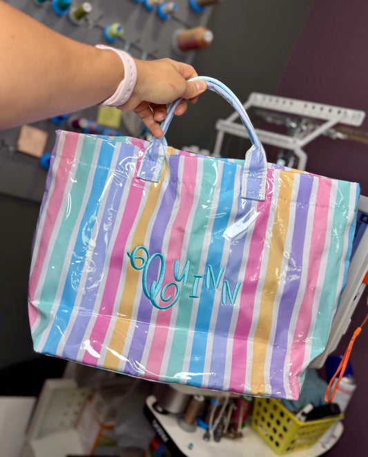 Striped Vinyl Embroidered Tote Bag