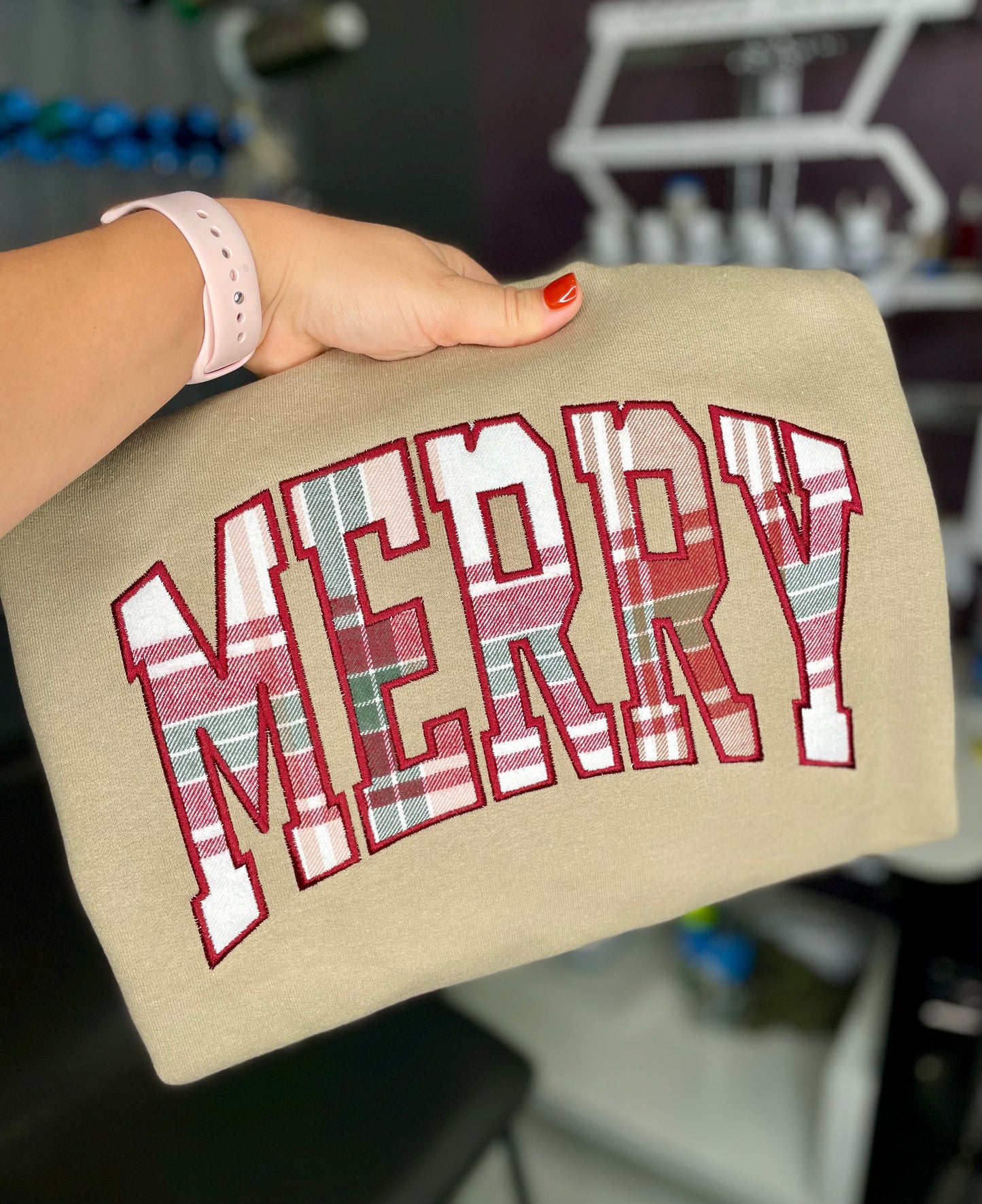 Merry Plaid Appliqué Embroidered Crewneck Sweatshirt