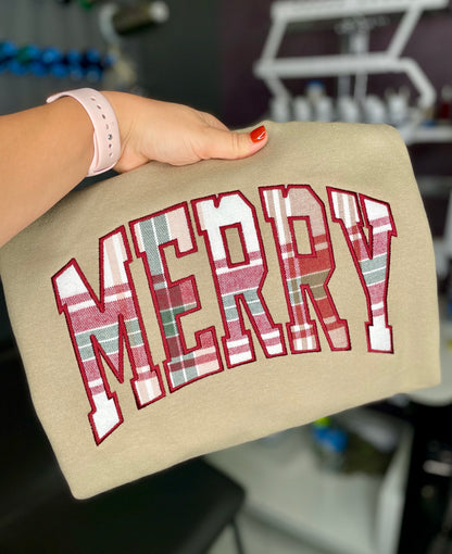 Merry Plaid Appliqué Embroidered Crewneck Sweatshirt