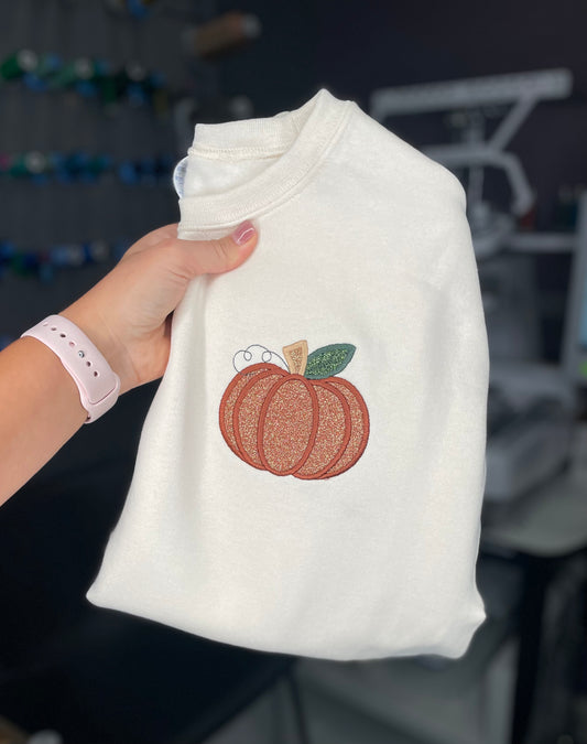 Left Chest Glitter Appliqué Pumpkin Crewneck Sweatshirt and Short or Long Sleeve T-Shirt