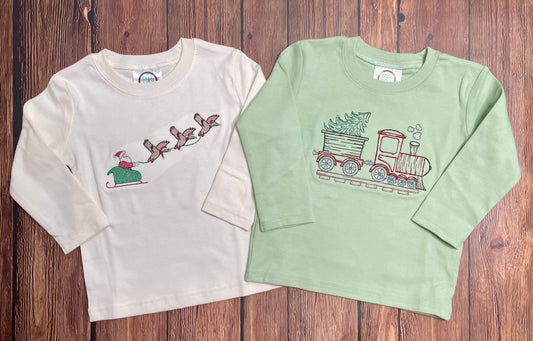 Boys Santa Ducks and Trains Christmas Embroidered Long Sleeve Shirt