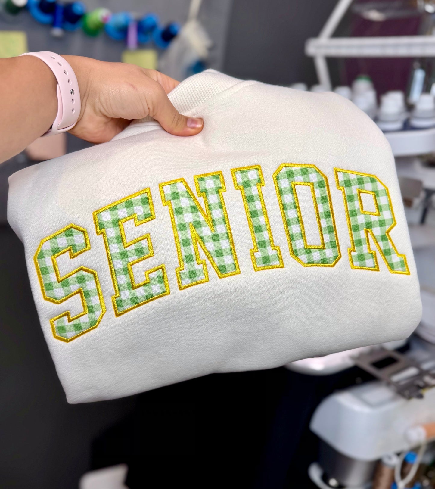Custom Varsity Gingham Lettering Crewneck Sweatshirt