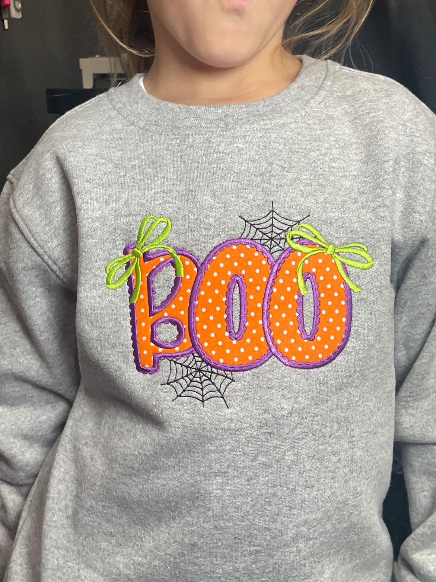 Girls BOO Coquette Bows Embroidered Crewneck Sweatshirt