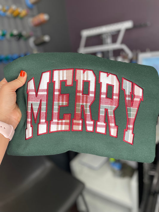 Merry Plaid Appliqué Embroidered Crewneck Sweatshirt