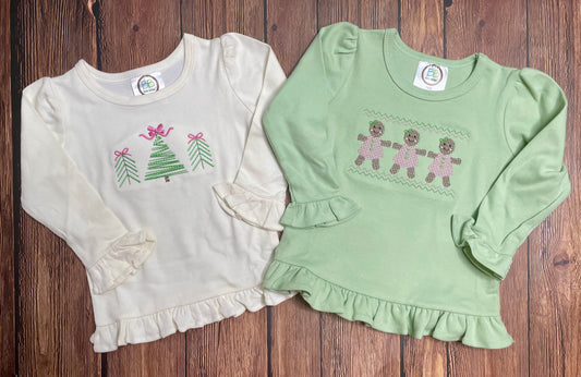 Girls Gingerbread and Christmas Tree Embroidered Long Sleeve Shirt