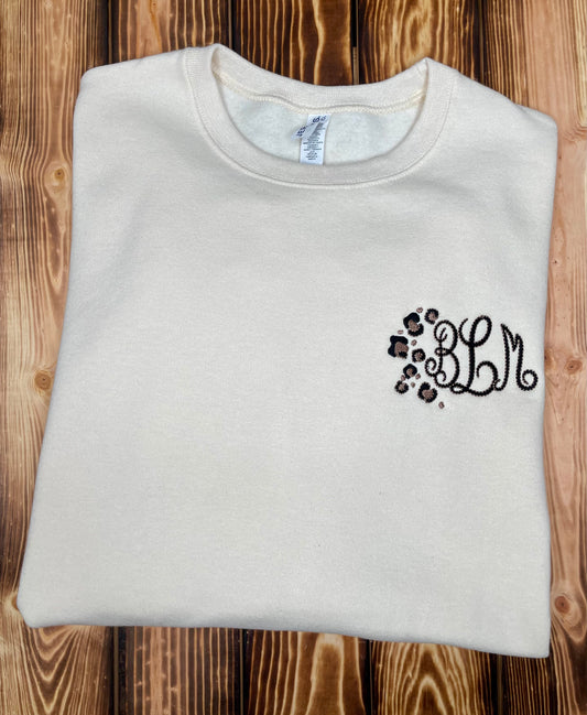 Custom Cheetah Monogram Embroidered Crewneck Sweatshirt